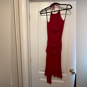 Red halter dress with low belt with bling buckle